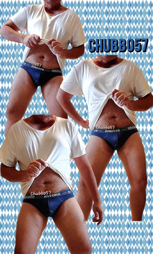 It's a workday so it's back to the dadbod basics: white tee and navy briefs 🧔🏽🩲👕🐻🫡 by chubbo57