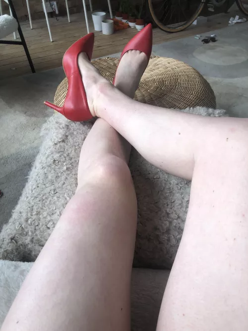 Red faux leather heels long view by EnvironmentalLow622
