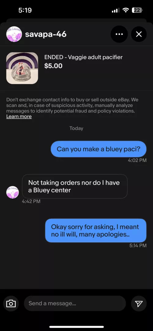 Looking for a safe shop to buy a paci from, I asked a single question to a shop on eBay and they blocked me. by Confused_bwunnie