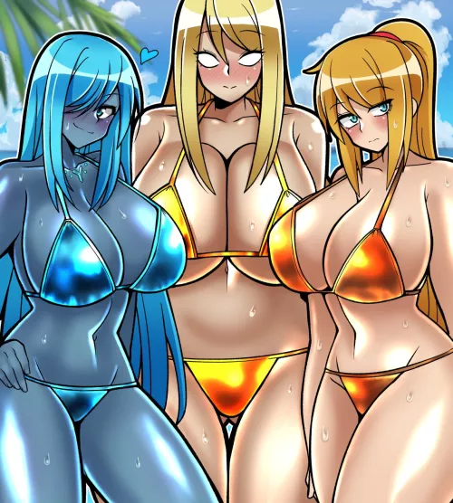 Samus Dark Samus and SA-X at the beach together (Iriomute Umineko) by EJKGodzilla24