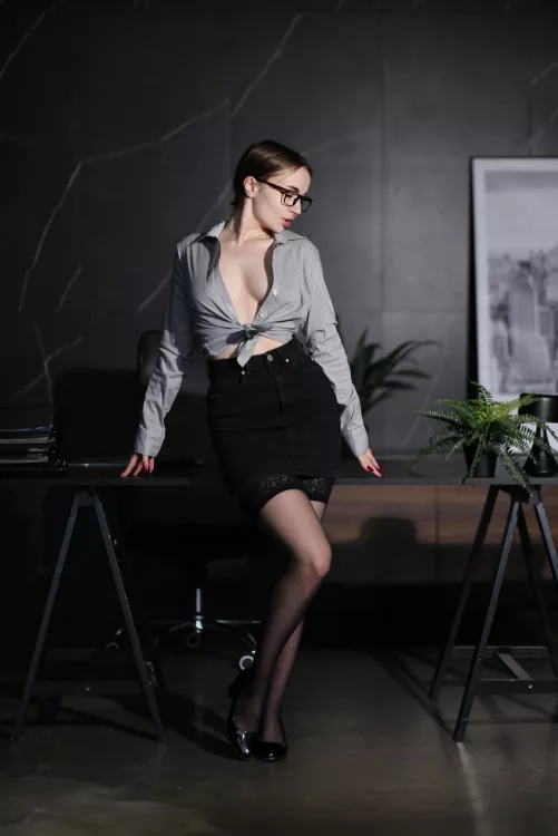 My hot outfit can make our work more productive.. by Cerberuswolfy