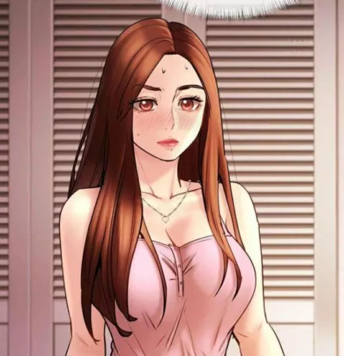 LF Color Source: 1girl, Manhwa, Long hair, Brown hair, Pink top, Thin strap, Necklace, Sweating, Blush Mark, Closed mouth, Pink eyes, Sweating, Close up, Looking at viewers, Cleavage, Pink lips by Crimson_Eclipsee