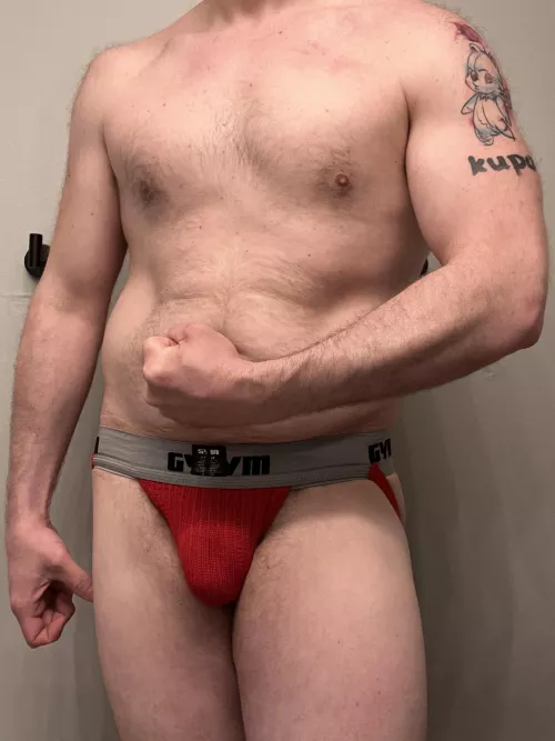 Dad bod in Red Jock (40) by MuscleDad1989