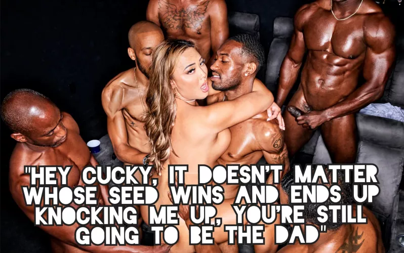All her bulls get a fair chance to compete for her egg and fill up her womb. You're so lucky that you don't even have to compete. No matter what happens, you'll be the Dad. Congratulations, cucky. by enslavedcuck