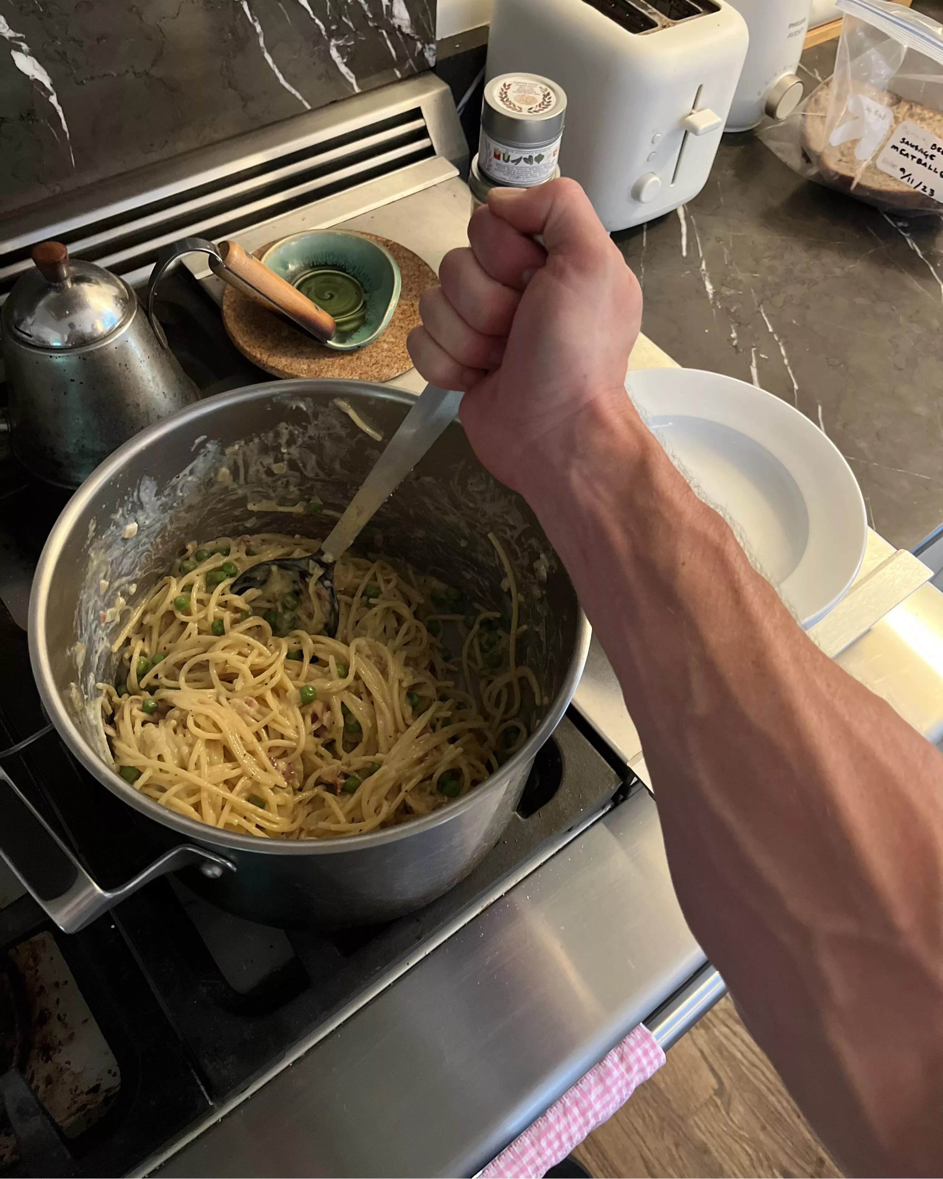 Forearm pumped from stirring this carbonara.  posted by Shred_and_Bread