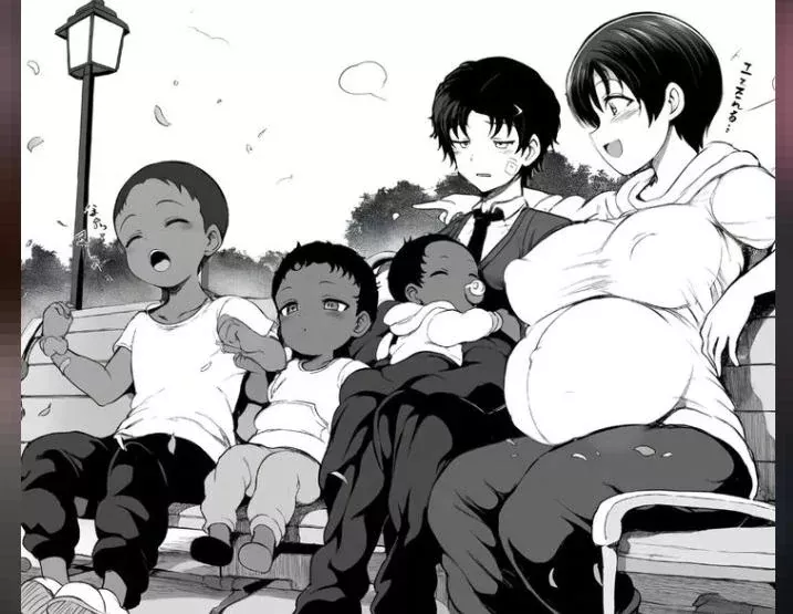 LF Mono Source: 1girl, 4boys, pregnanth, short hair, dark hair, dark skin, park, bench, business suit, family, children, foreign text, covered nipples posted by kei-kazuki