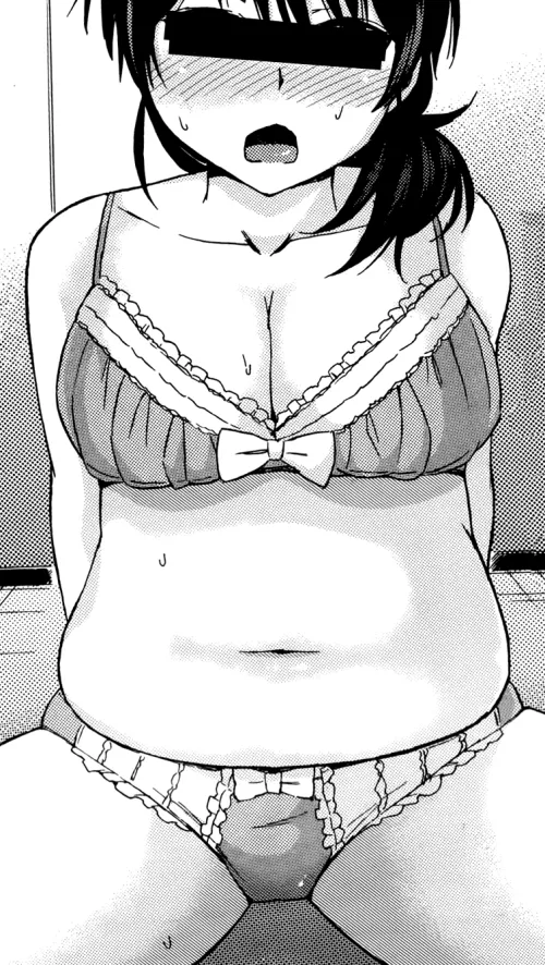 Mono: 1girl, chubby, underwear, cleavage, belly, ponytail by penguinatorxl7