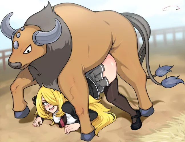 Cynthia looses to a Tauros! (aldharoku)  by PokeGirlChriz