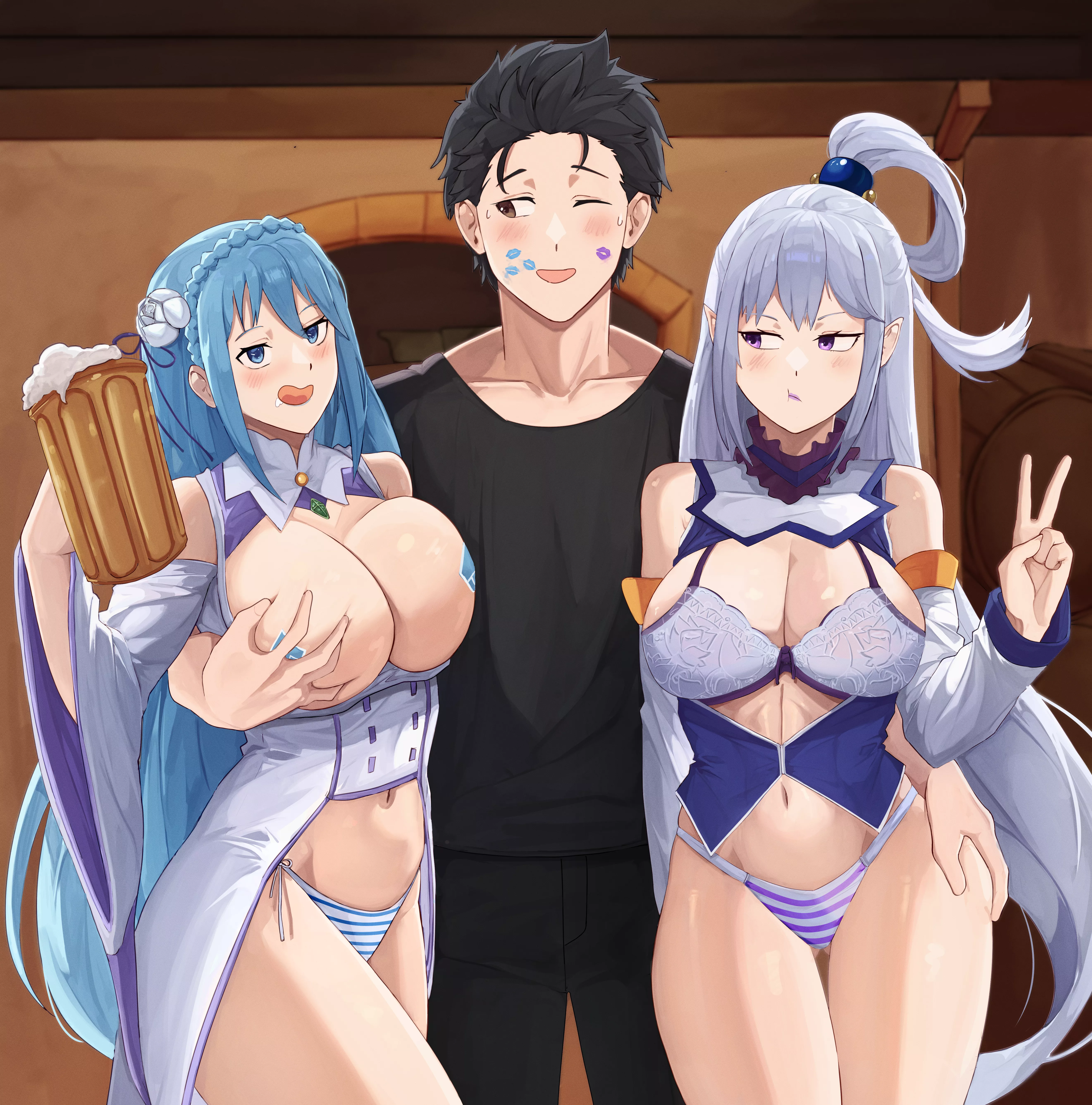 Aqua shows Subaru and Emilia how to properly party in a tavern. (Evon) posted by PowerfulWomenEnjoyer