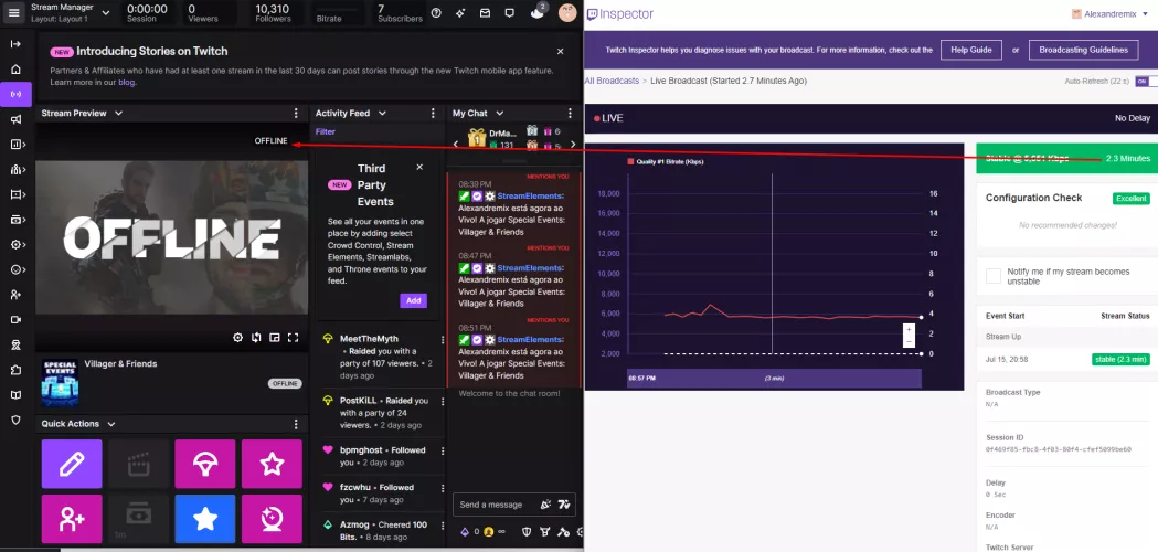 Something is wrong with twitch. I Stream and inspector picks it but it never goes live on twitch. As soon as i close the stream i go live with the disconnected protection. What is going on? Im not with bandwithtest mode on. Randomly it works by alexandremix