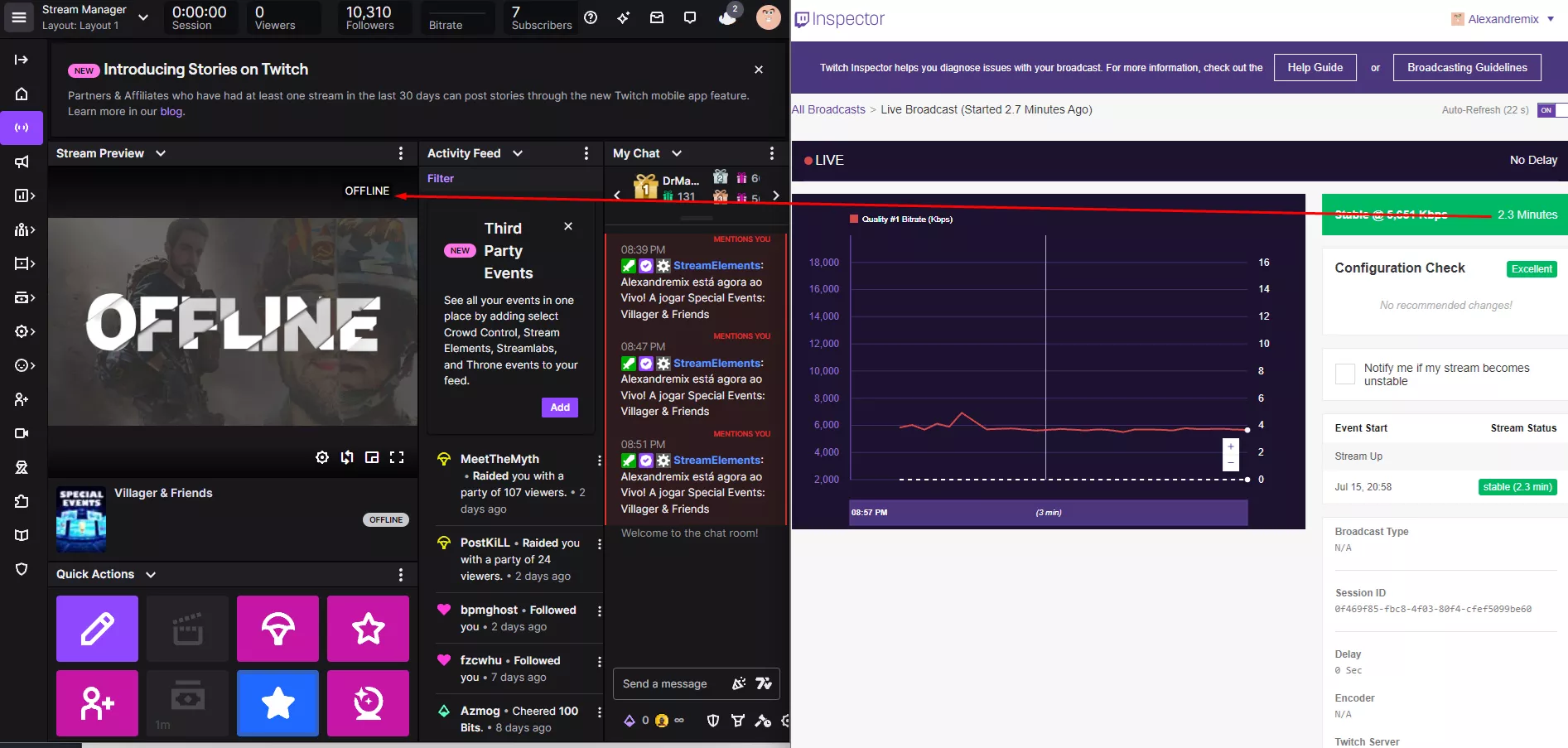 Something is wrong with twitch. I Stream and inspector picks it but it never goes live on twitch. As soon as i close the stream i go live with the disconnected protection. What is going on? Im not with bandwithtest mode on. Randomly it works posted by alexandremix