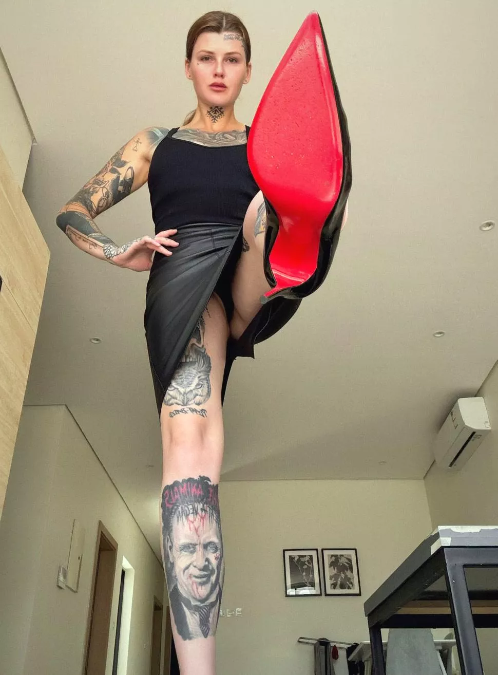 Leather skirt and heels make a perfect outfit for a first date posted by LuckyTinaxoxo69