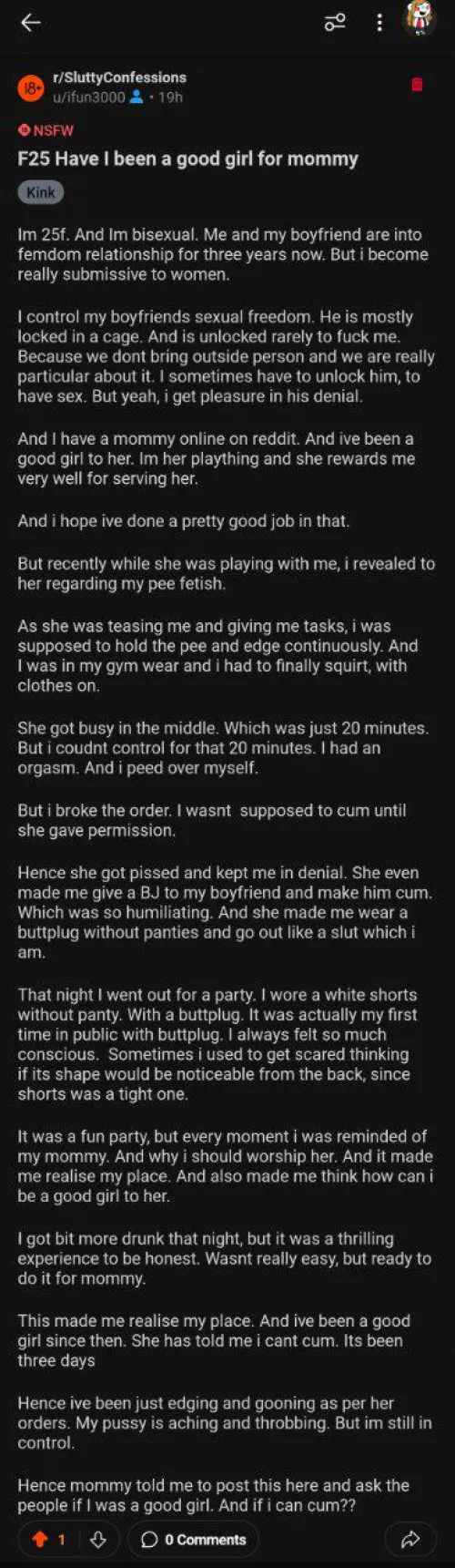 My sub failed me, but she does stay nice and docile. She even apologized to me. Should I allow her to cum? by No-Advance-1742