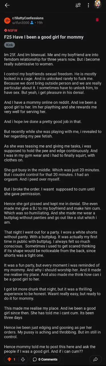 My sub failed me, but she does stay nice and docile. She even apologized to me. Should I allow her to cum? posted by No-Advance-1742