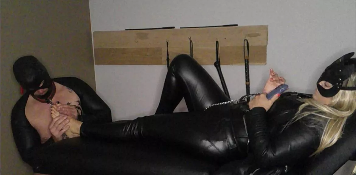 This is how we end every night!  Him locked and leaking dreaming of my feet! posted by FootMistressNatalie