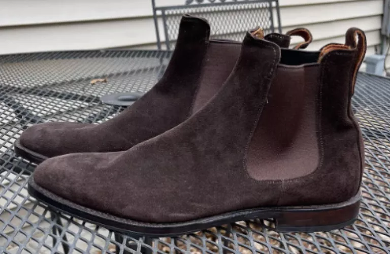 How to dye these Allen Edmonds Liverpool Brown Suede Chelsea boots black (including the soles)? by JamesCorman