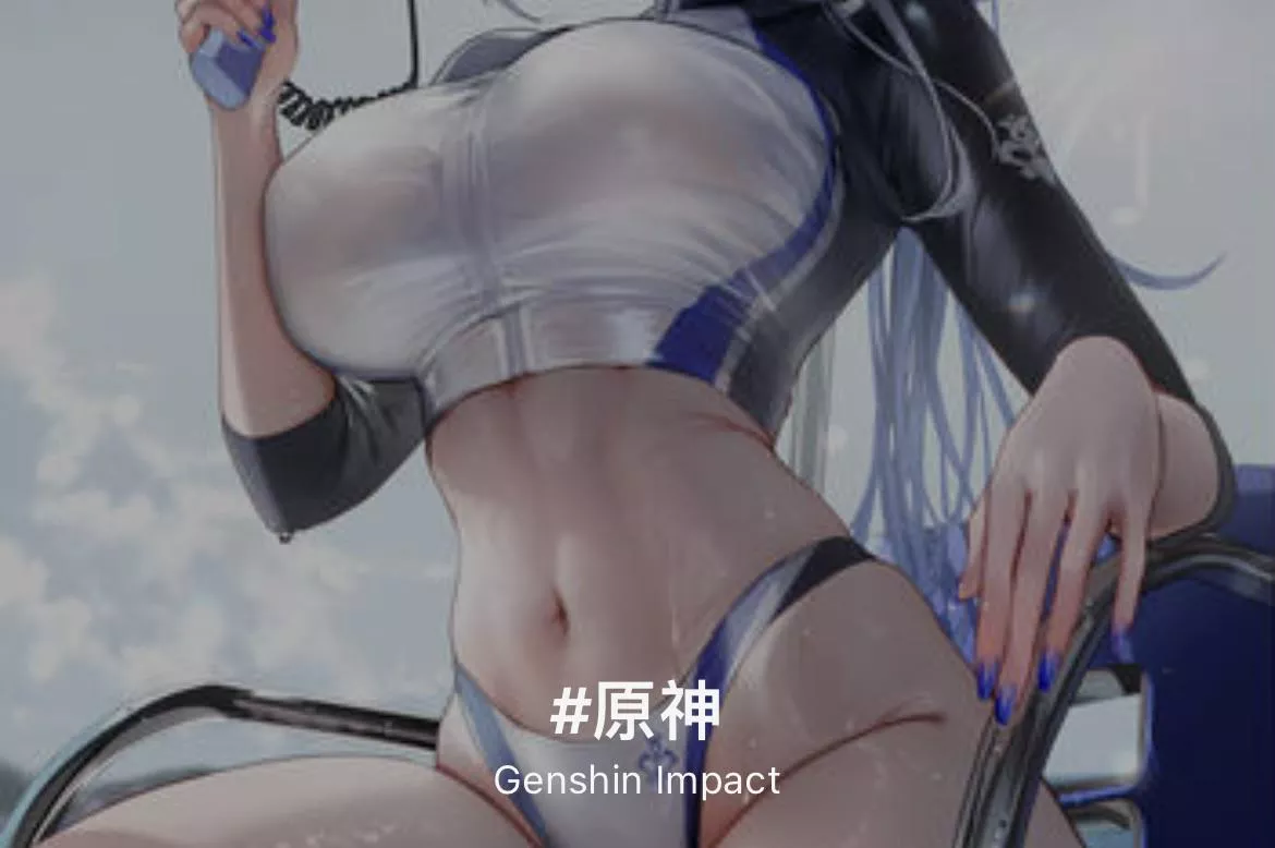 LF Color Source: 1girl, purple nails, long hair, sweating, sitting, large breasts, navel, clouds, Genshin Impact, holding object, head out of frame, chair  posted by Simpsons138