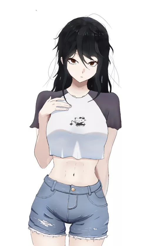 Black hair Brown eyes jeans shorts by Fabulous_Print_1627