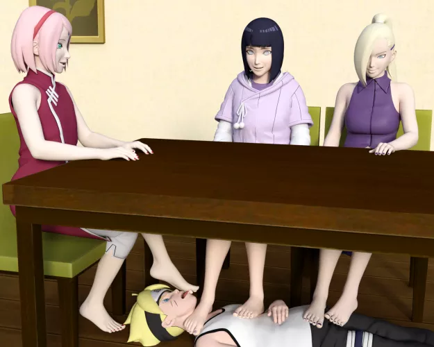 Hinata, Sakura and Ino rest their Feet on Boruto while they relax and chat at the kitchen table [Boruto] (SoleMann) by SoleMann_