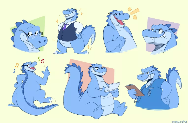 Blue gator fella doodle page!! (art by me, @chickensnpies1 on twitter) by chimigni