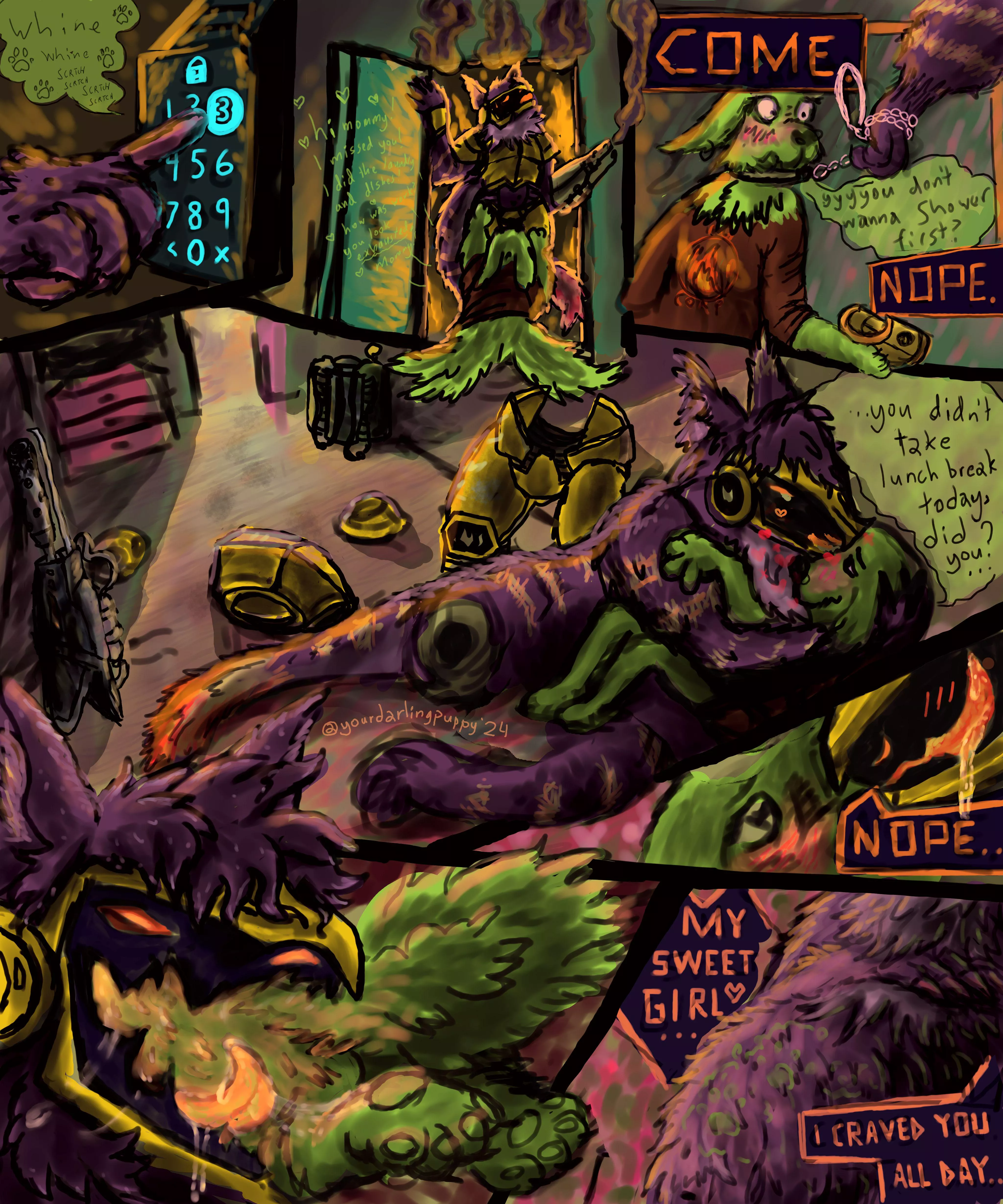 {image} 'How was work?' hungry protogen x puppygf (Art by yourdarlingpuppy) (Comic) (Commission) (protogen) (puppy) (wlw)  posted by yourdarlingpuppy