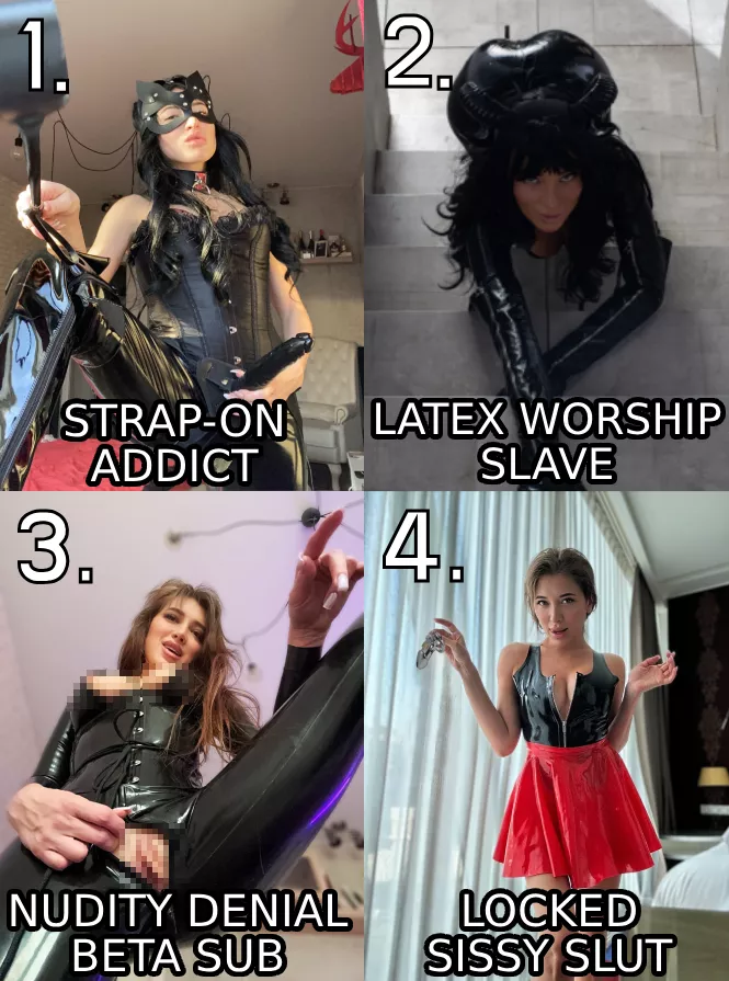 Just noticed that the femdom community is growing every day. Let's get acquainted, what kind of slave are you? 😈 [domme] posted by _Latexprincess_