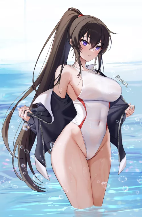 Yoo Mina pull off her jacket to flaunt her white swimsuit at the Beach [Counter:Side] (Maett) by ecchi_neko