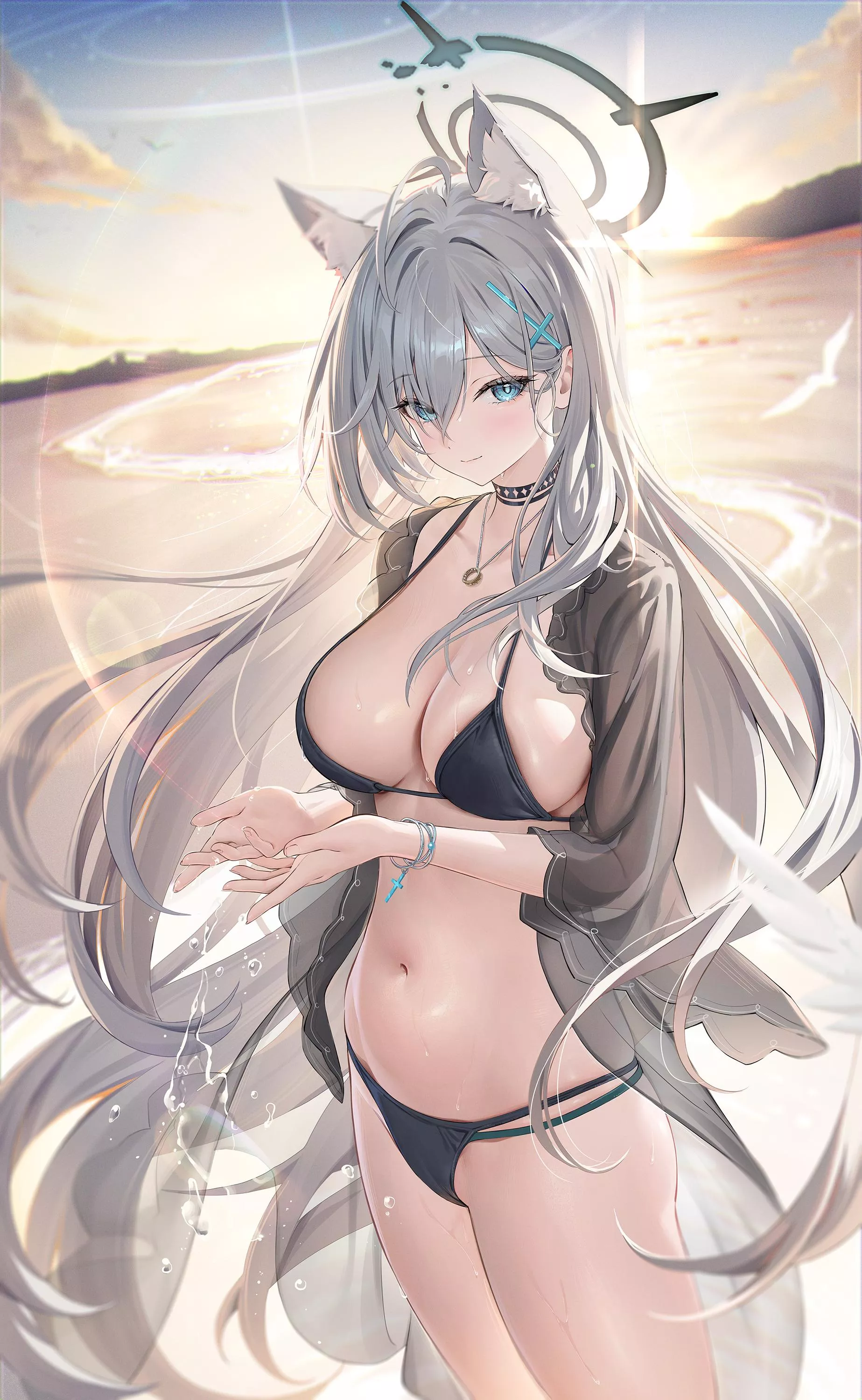 Shiroko Terror relishing at the beach and sunset (ほうき星 / houk1se1) [Blue Archive] posted by elegantloveglimmer