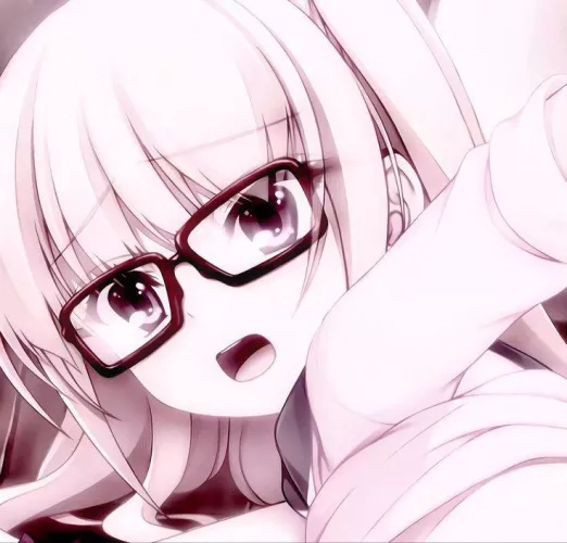 LF Color Source: glasses, open mouth, clothes lift, white hair, long hair, hand up, looking at viewer, dark red hair, eyebrows, school uniform by playerrrr54