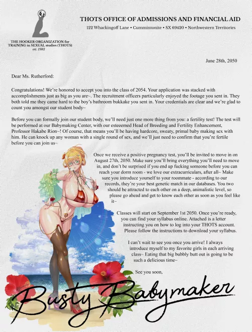 THOTS Acceptance Letter [Mentioned Impregnation] [THOTS/Breederverse] [Moving in to College] by swirlin2048