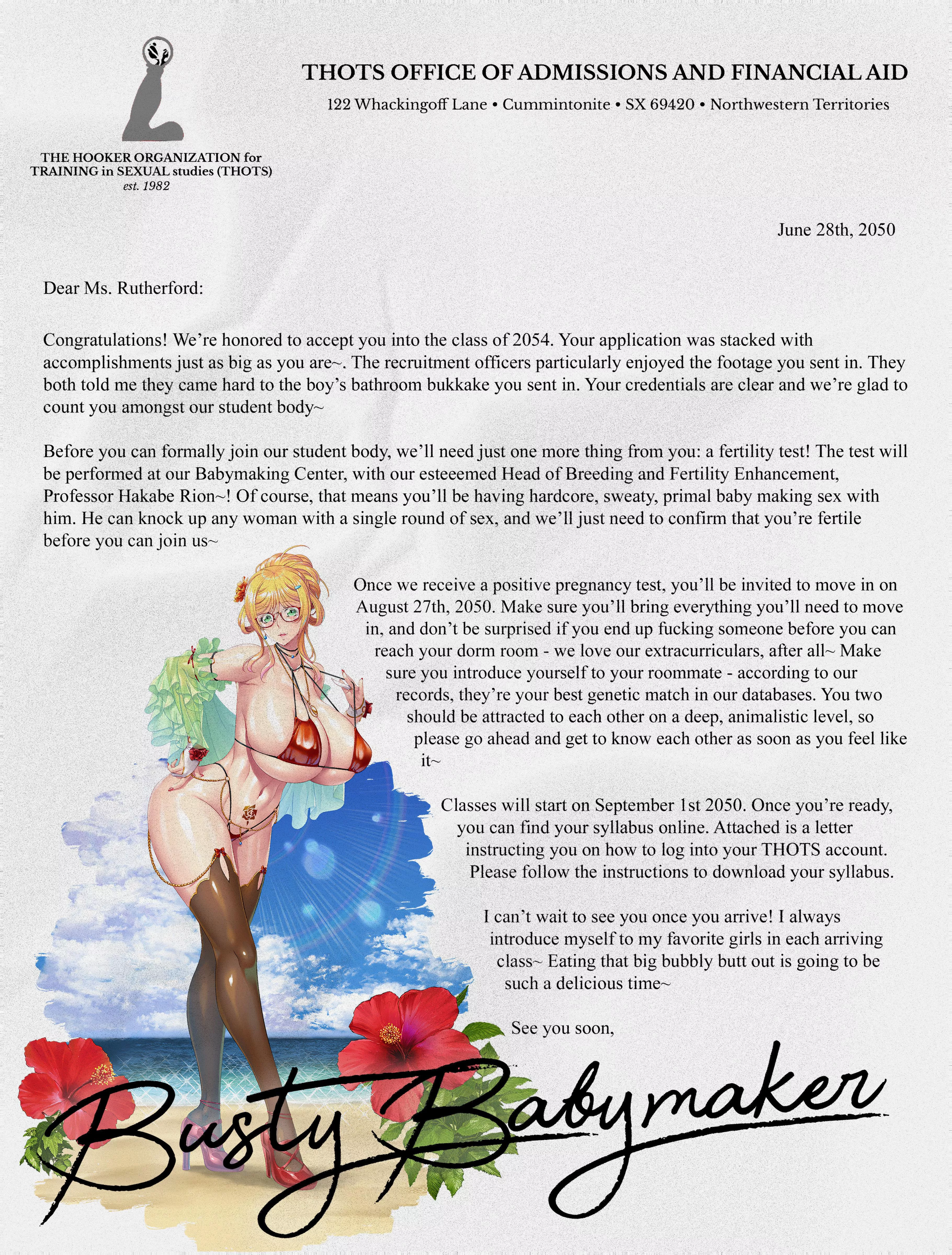 THOTS Acceptance Letter [Mentioned Impregnation] [THOTS/Breederverse] [Moving in to College] posted by swirlin2048