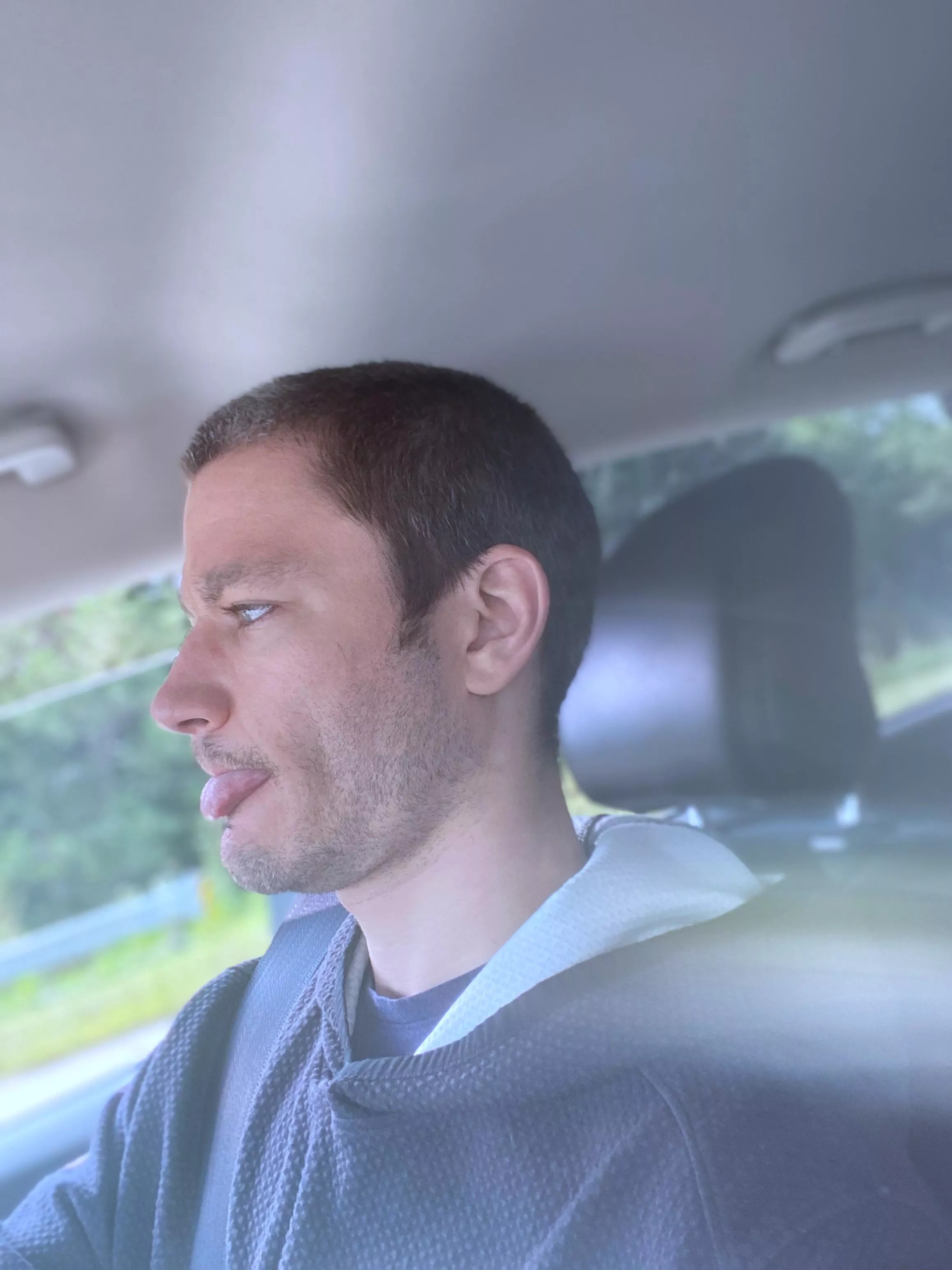 My tongue came out . I like car rides  posted by ReincarnatedPuppyBoy