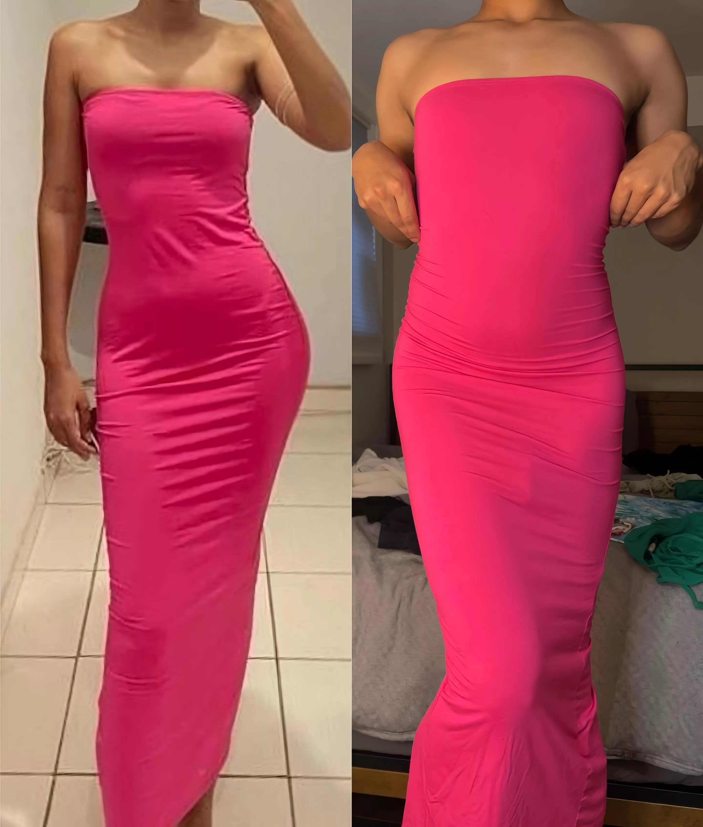 trying on my sisters dress, who wears it better? don’t mind my bulge 🤭🤍 posted by femkyra