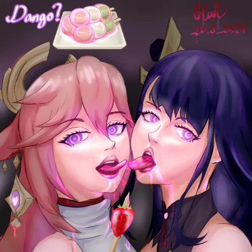 Trade offer. You receive, some delicious dango balls. I receive, two very obedient good girls. (Yae Mikoe and Raiden Shogun from Genshin Impact, drawn by HvN) by HVN23