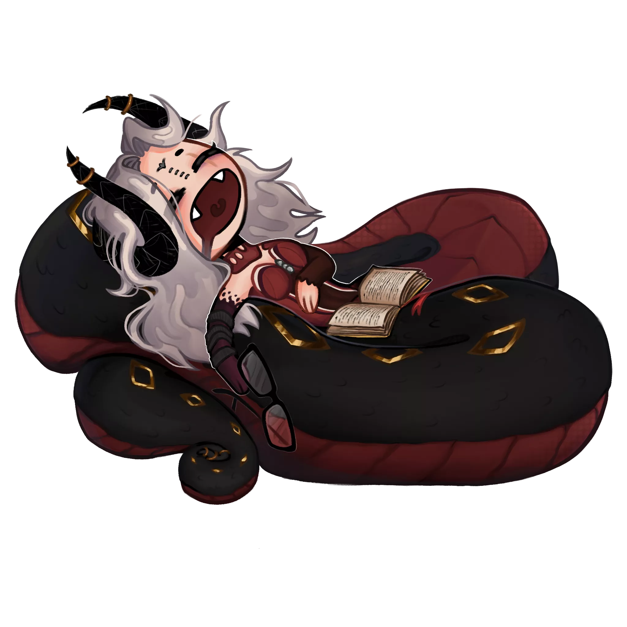My Lamia OC Visciane passed out while binge reading. Drawn by a friend. posted by Chlorea