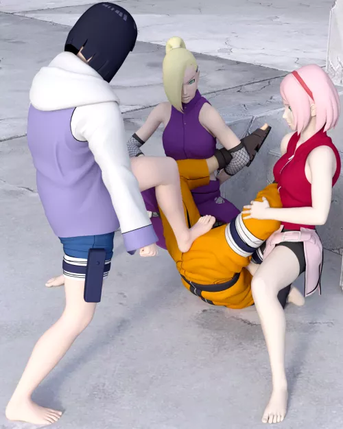 After countless attacks to his balls, Naruto is no longer able to get back on his feet. Sakura and Ino waste no time and flip him over face down, so Hinata can continue her assault with brutal stomps to his defenseless balls [Naruto] (SoleMann) by SoleMann_
