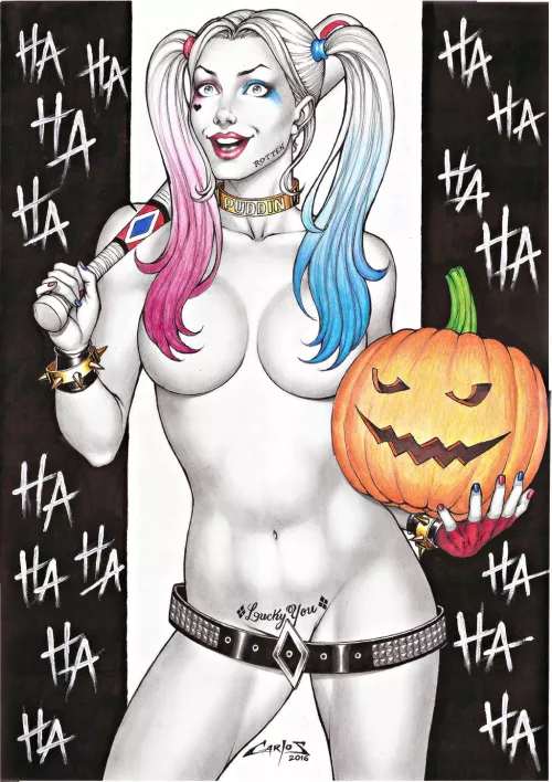 [Carlos Braga] (D.C.) Harley Quinn's costume is her birthday suit. by villianrules
