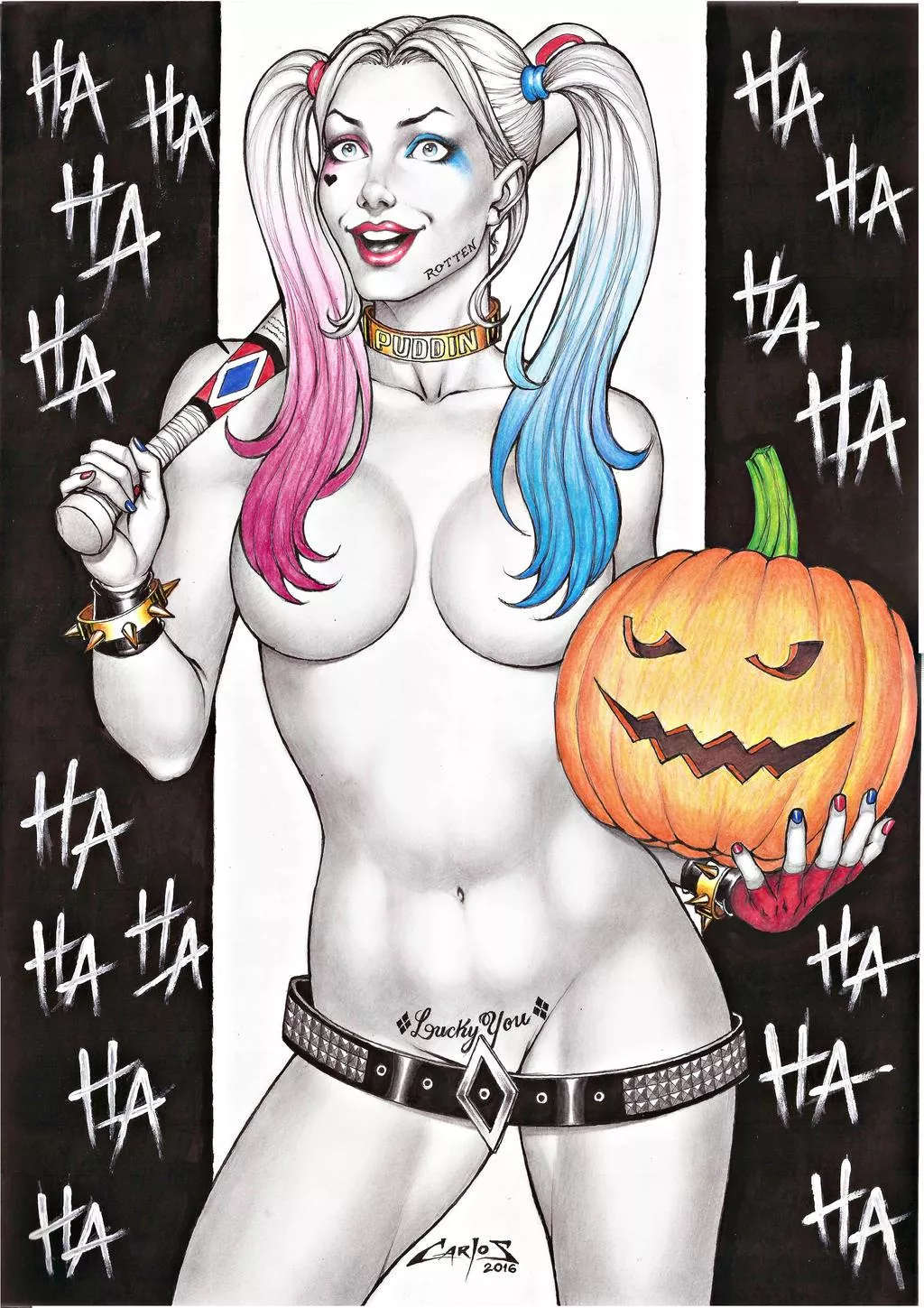 [Carlos Braga] (D.C.) Harley Quinn's costume is her birthday suit. posted by villianrules