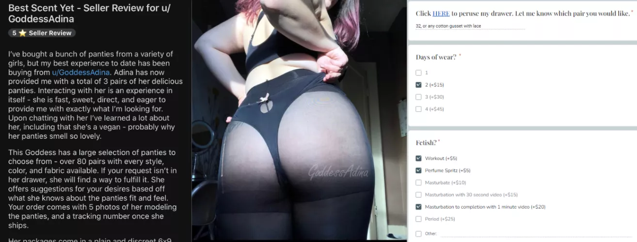 Glowing reviews, delicious booty, and a quick and efficient method of ordering products? What are you waiting for? All the information you need is pinned to my profile under ‘Info for Panty Buyers’. I look forward to wearing for you 😊 [selling] by goddessadina