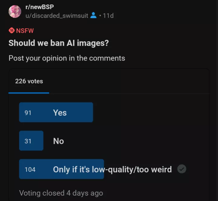 The community has spoken. AI ART is allowed if it's high-quality. posted by discarded_swimsuit