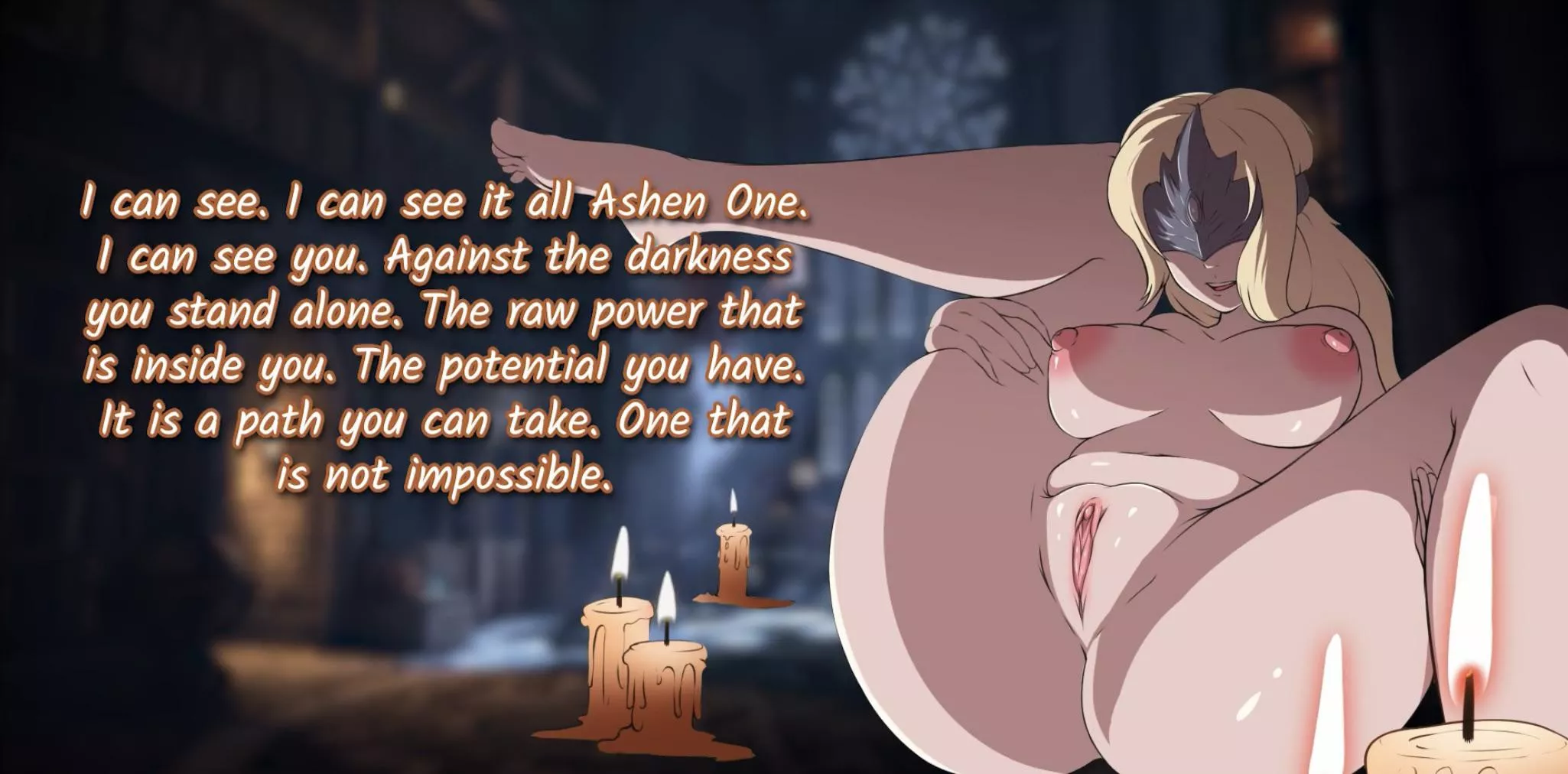 LF Color Source: mask, dark souls, 1girl, spread legs, shaved, blonde, 