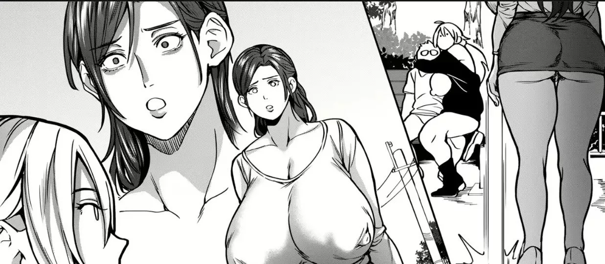 Mono 2girl, 1boy, big breasts, sitting on lap, shocked face, short skirt, milf, long hair, protruding nipples, bench posted by trailmixgod