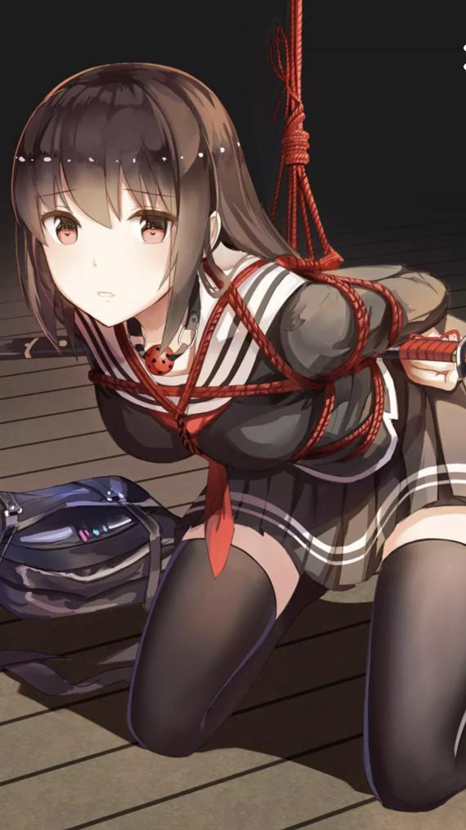 LF Color Source: 1girl, brown hair, bondage, sword, school uniform, brown eyes, kneeling, ball gags, arms tied behind, leaning posted by Bunker_Alfa-18