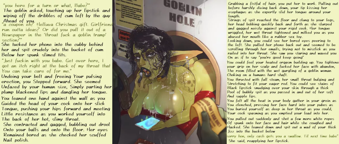 a visit to the goblin throat whore [goblin] [nonhuman] [deepthroat] [throatfuck] [prostitute] [glory hole] [goblin girl] [bored and ignored] by derangedd23