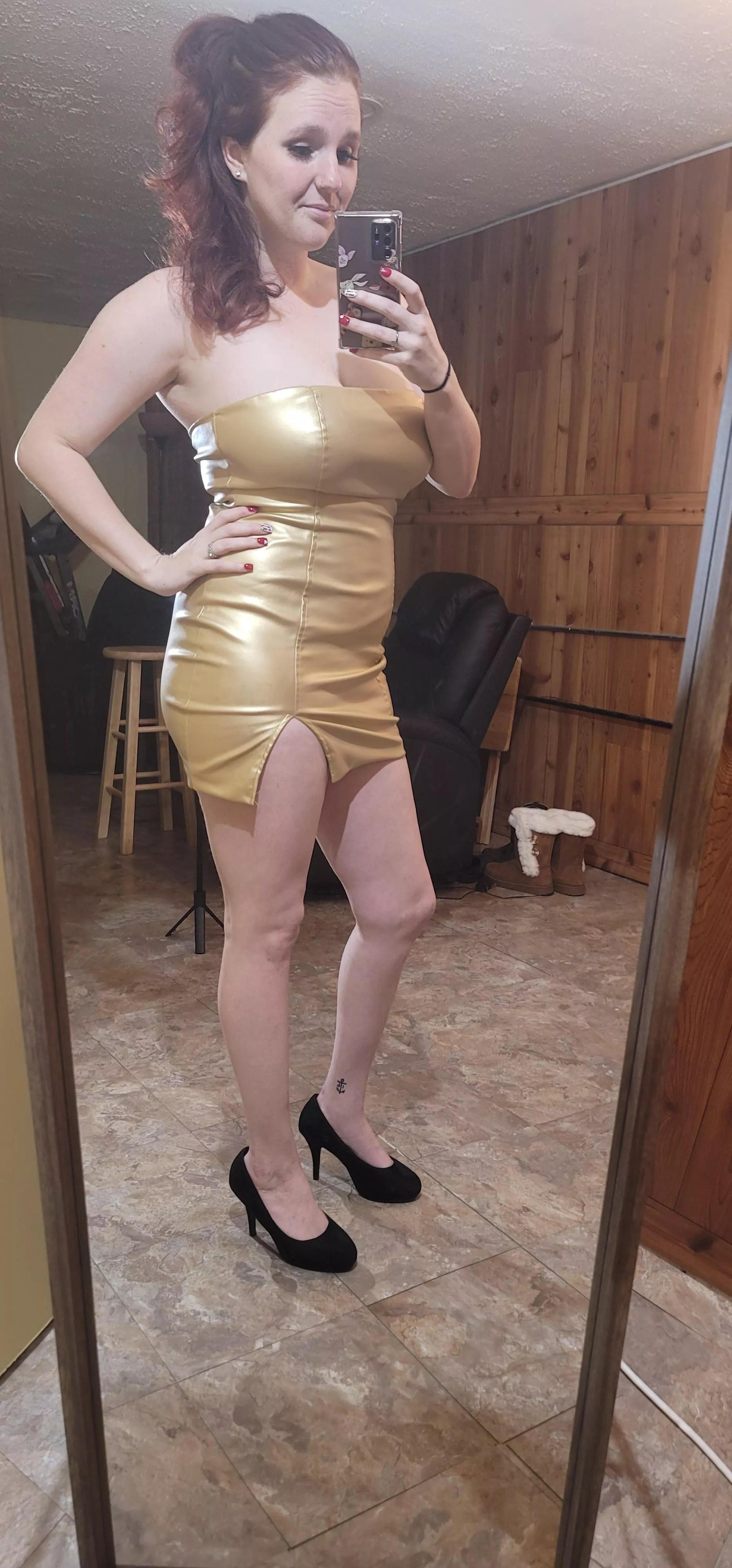 this gold leather dress is amazing with my pale skin 😍 posted by That_redheadnextdoor