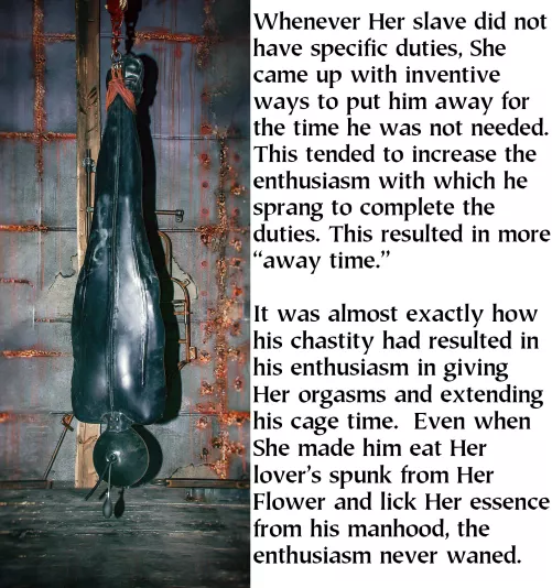 An unenthusiastic slave is worse than no slave at all. She kept those who demonstrated their hopefulness to serve and their continued desire to serve, which arose from very long periods of chastity and frequent harsh punishments. by cbtok