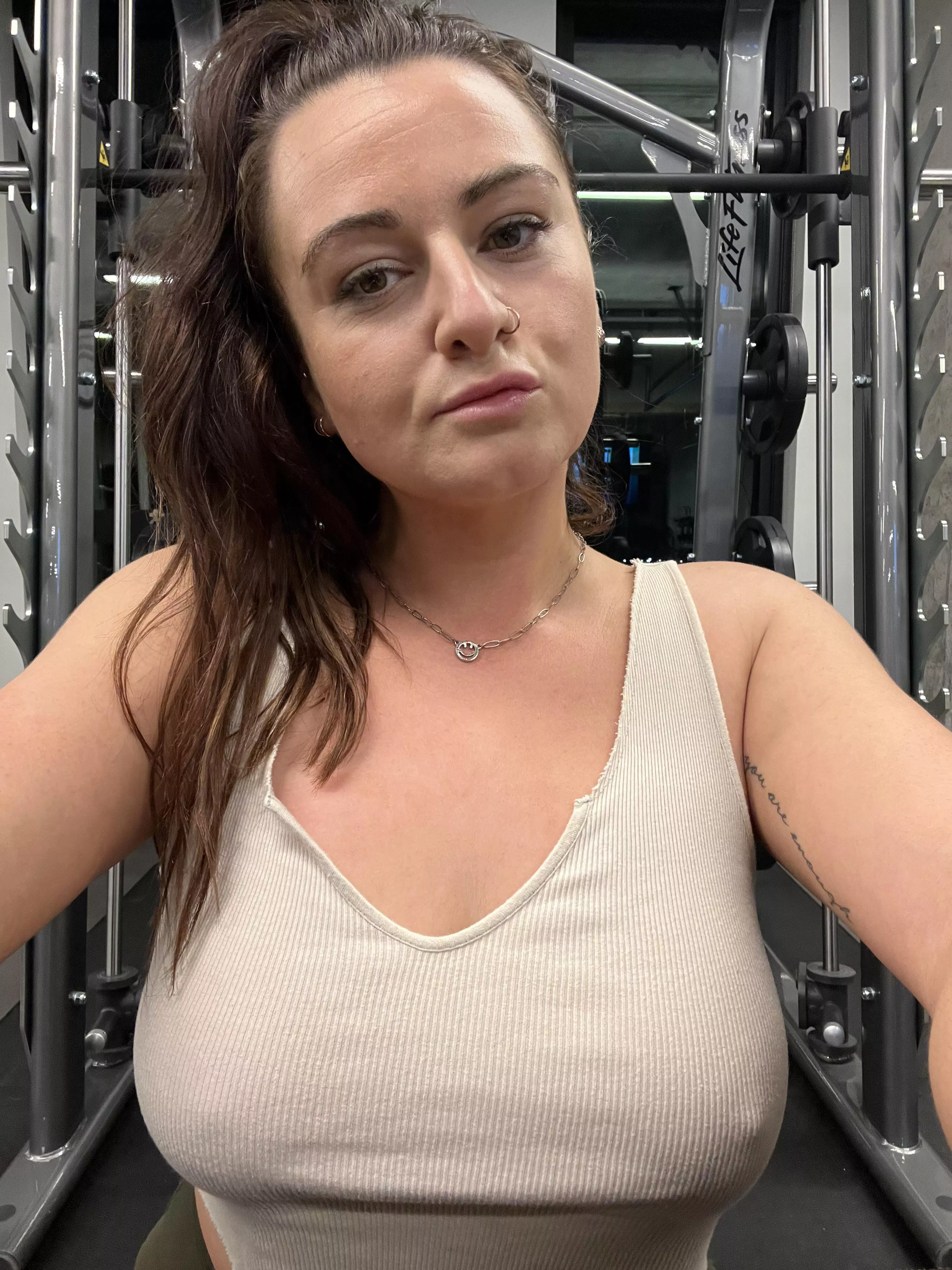 Forgot my sports bra and worked out anyway. Only had a few people do a double take 😏 (f) posted by Givemeallthedoggos_