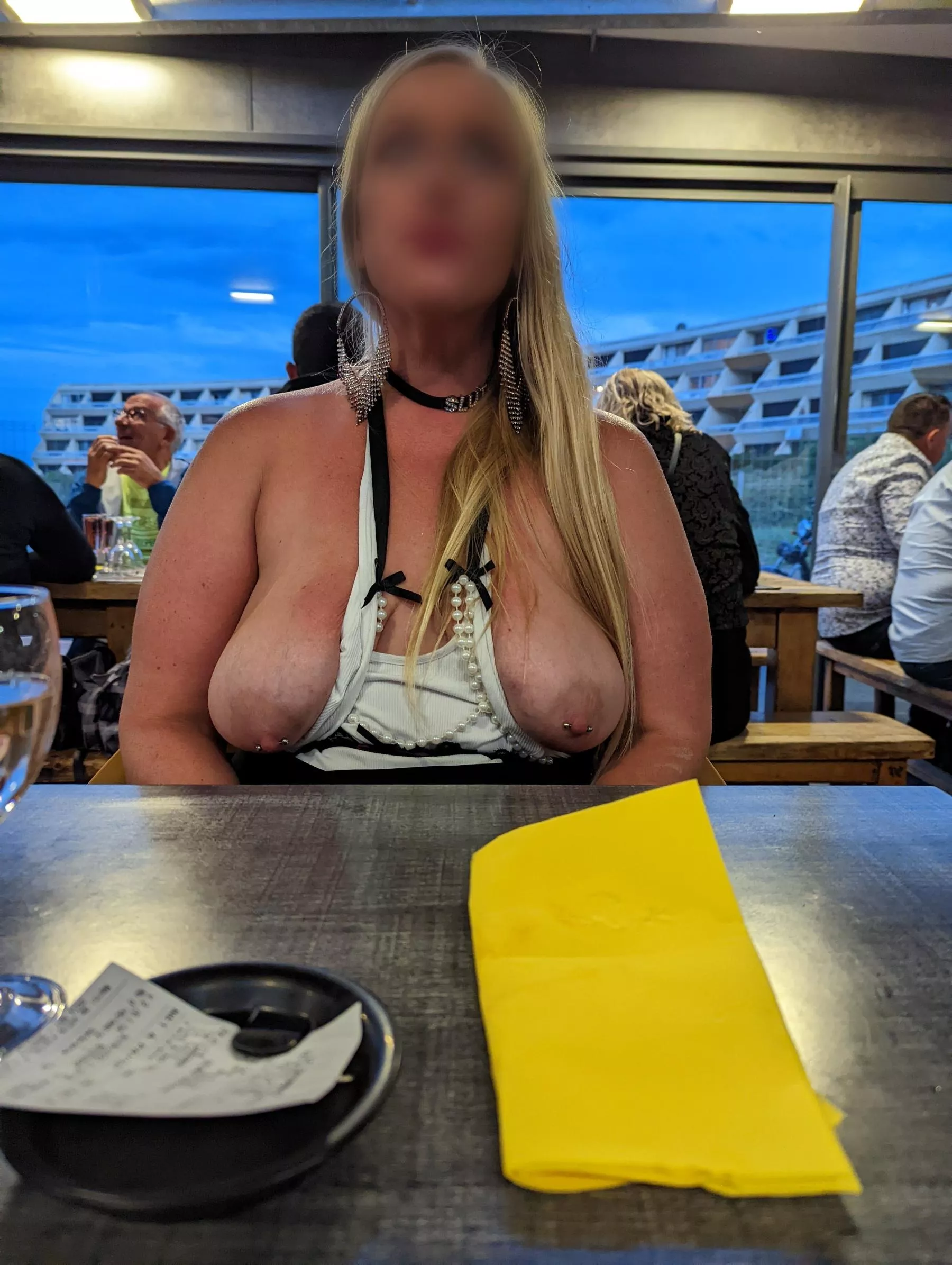 Casually sitting at dinner with my tits out (f) posted by adventurecpl69