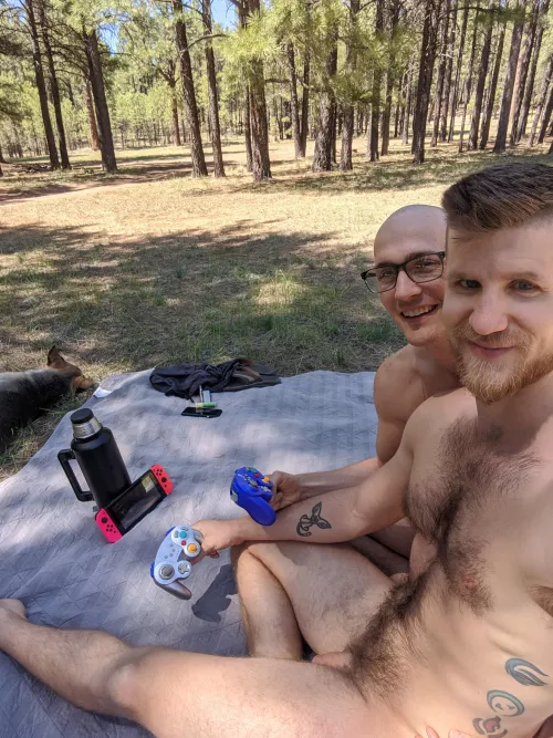 Playing videogames naked in the woods 💙 by Purple-Ad-2088