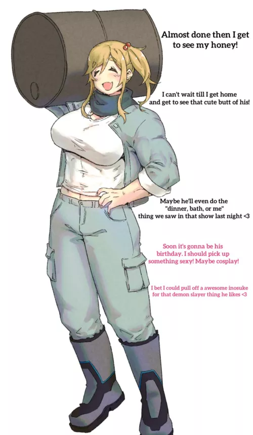 Working Woman Daydream (wholesome)(muscle)(mentions of cosplay)(minew01) by RatGates